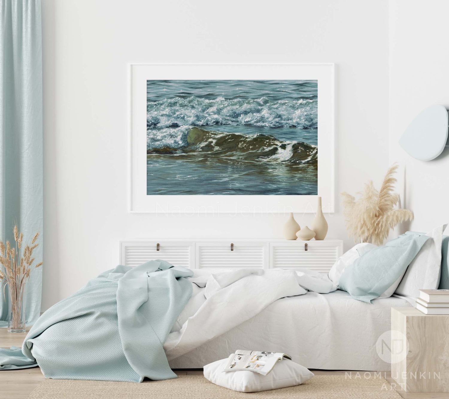 Seascape print 'Diamonds and Jade' in a bedroom setting by artist Naomi Jenkin Art