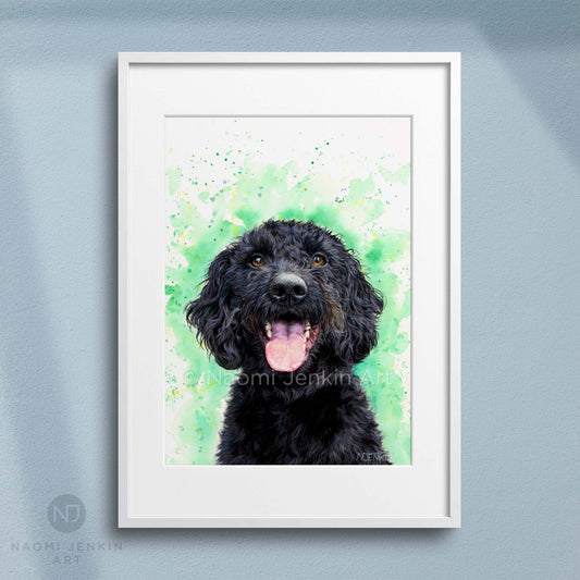 Framed dog art print of a Labradoodle from Naomi Jenkin Art. 