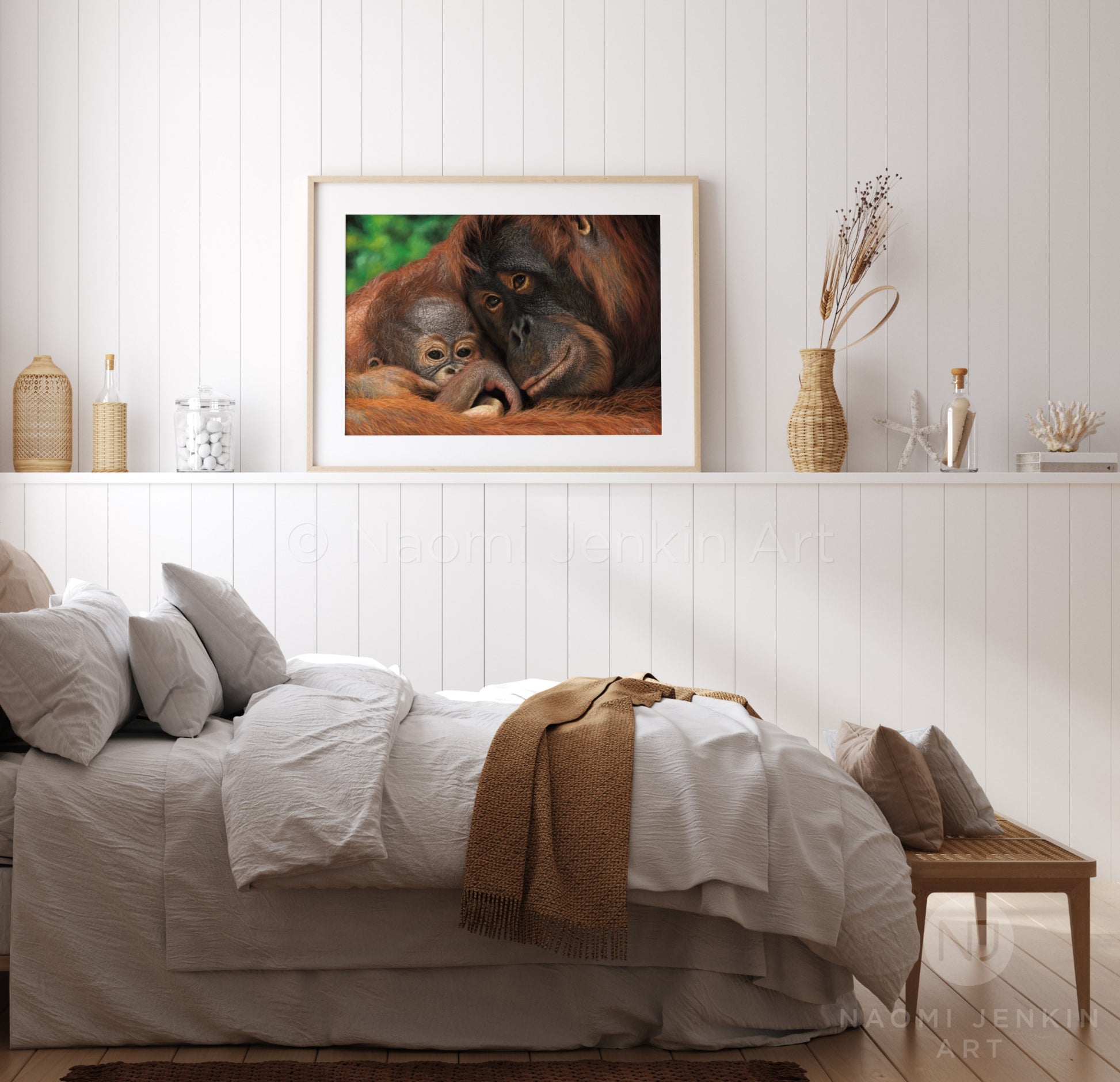 Framed orangutan mother and baby print by wildlife artist of the year 2022 finalist Naomi Jenkin.