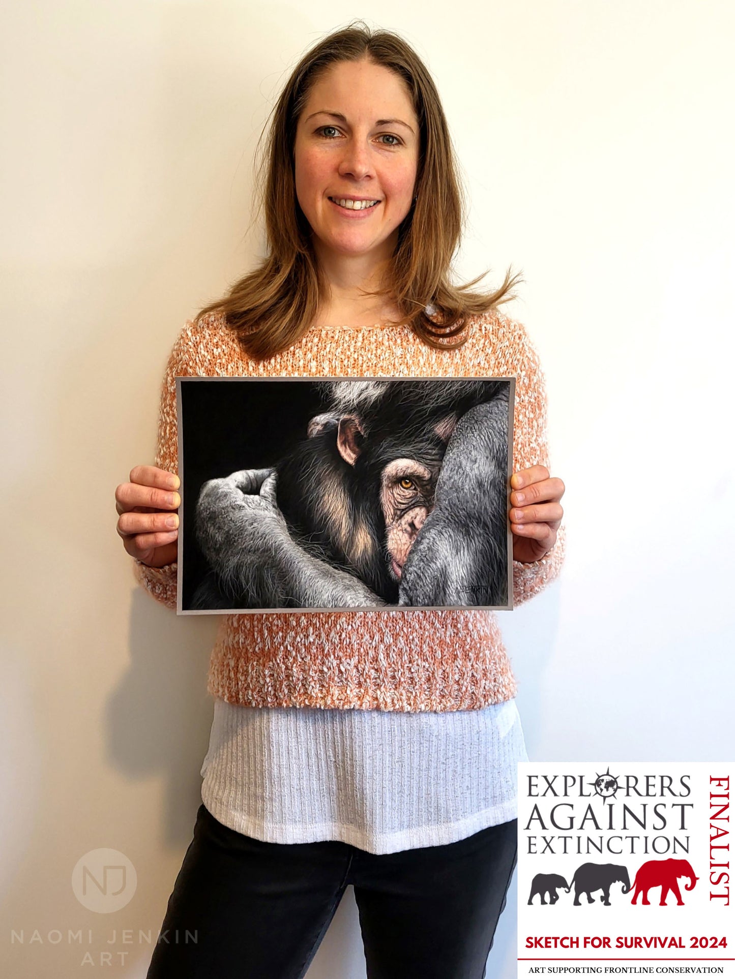 Wildlife artist Naomi Jenkin with her chimpanzee drawing "Embrace", Explorers Against Extinction 'Sketch for Survival 2024' finalist.