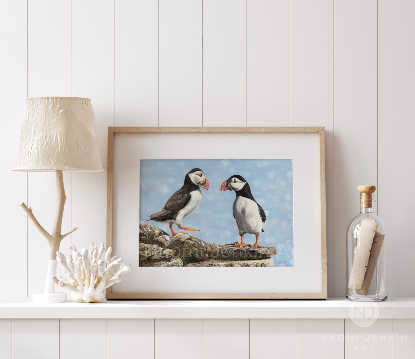 Puffin fine art print by wildlife artist Naomi Jenkin featuring two Atlantic puffins