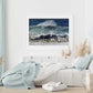 Ocean print 'Raging Seas' by seascape artist Naomi Jenkin Art in a white frame and bedroom setting. 