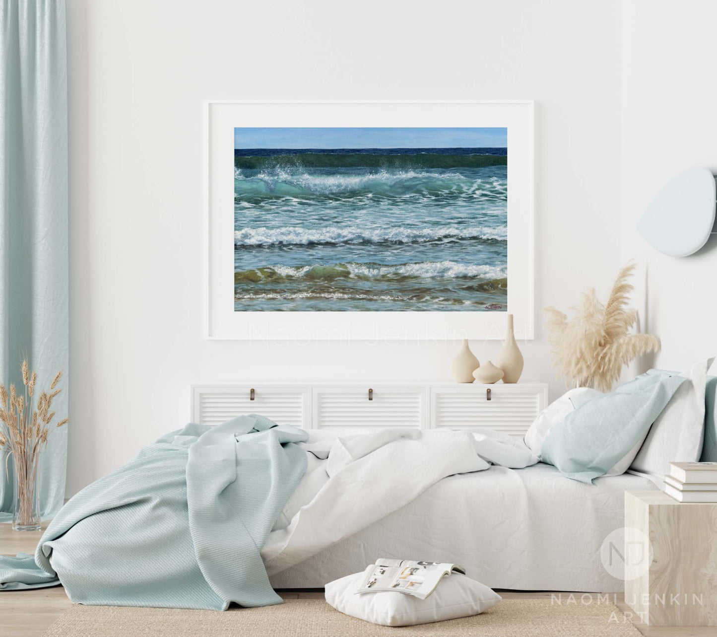 Framed seascape print 'Summer Surf' by seascape artist Naomi Jenkin Art in a bedroom setting.
