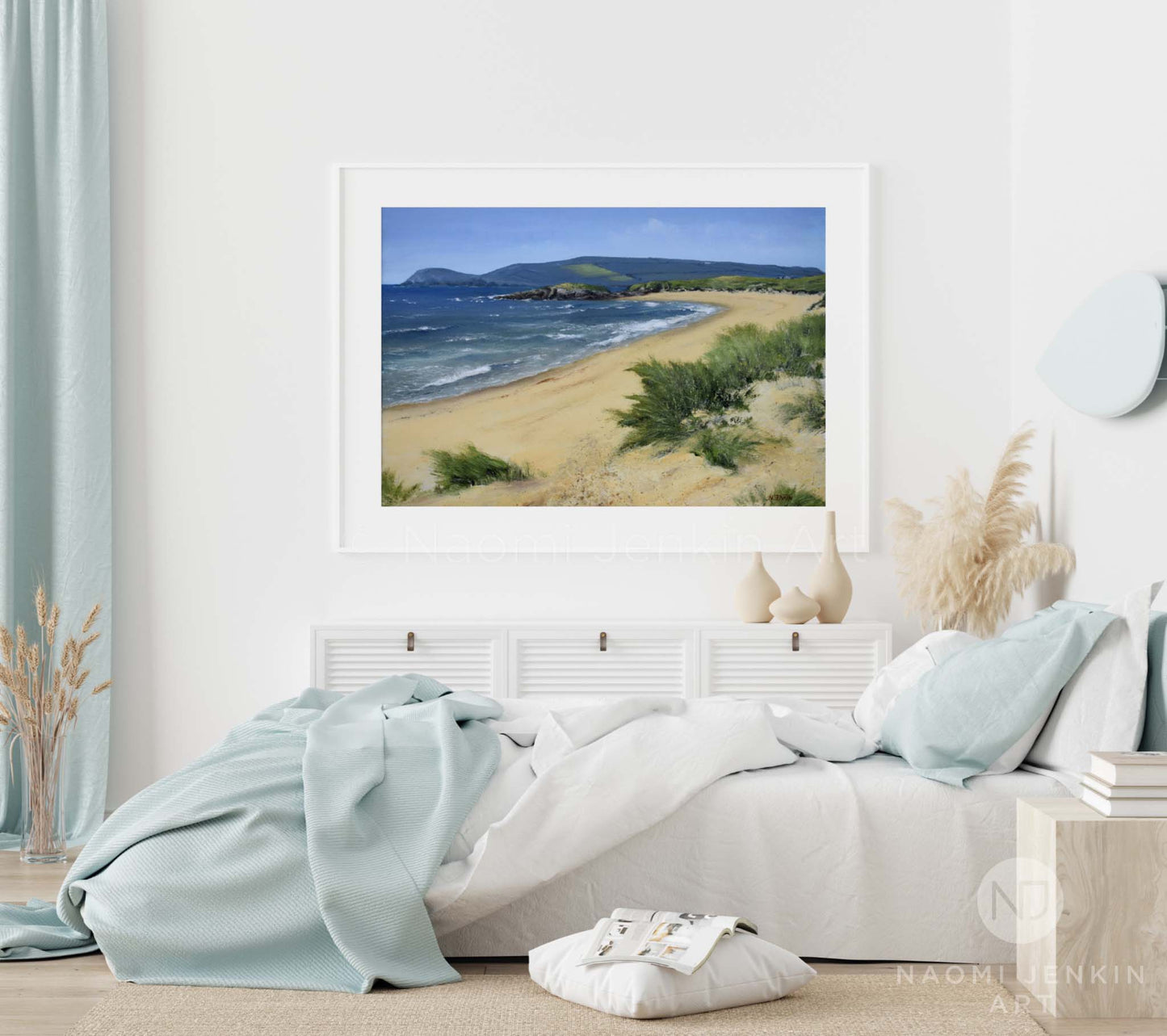 Framed beach print of Constantine Bay Cornwall by Naomi Jenkin Art