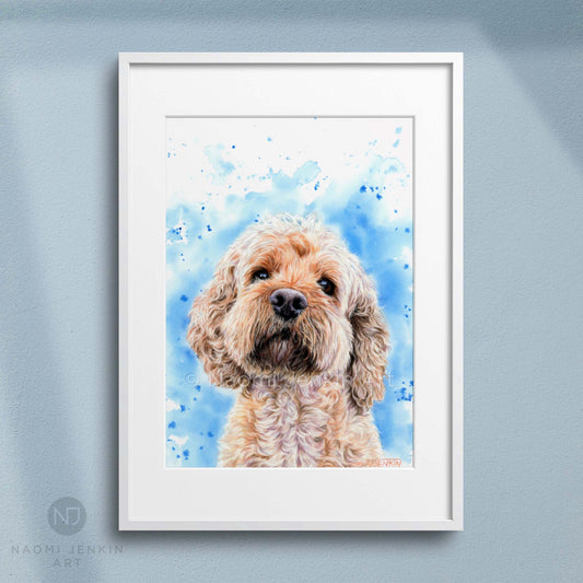 Framed dog art print of a Cockerpoo from Naomi Jenkin Art. 