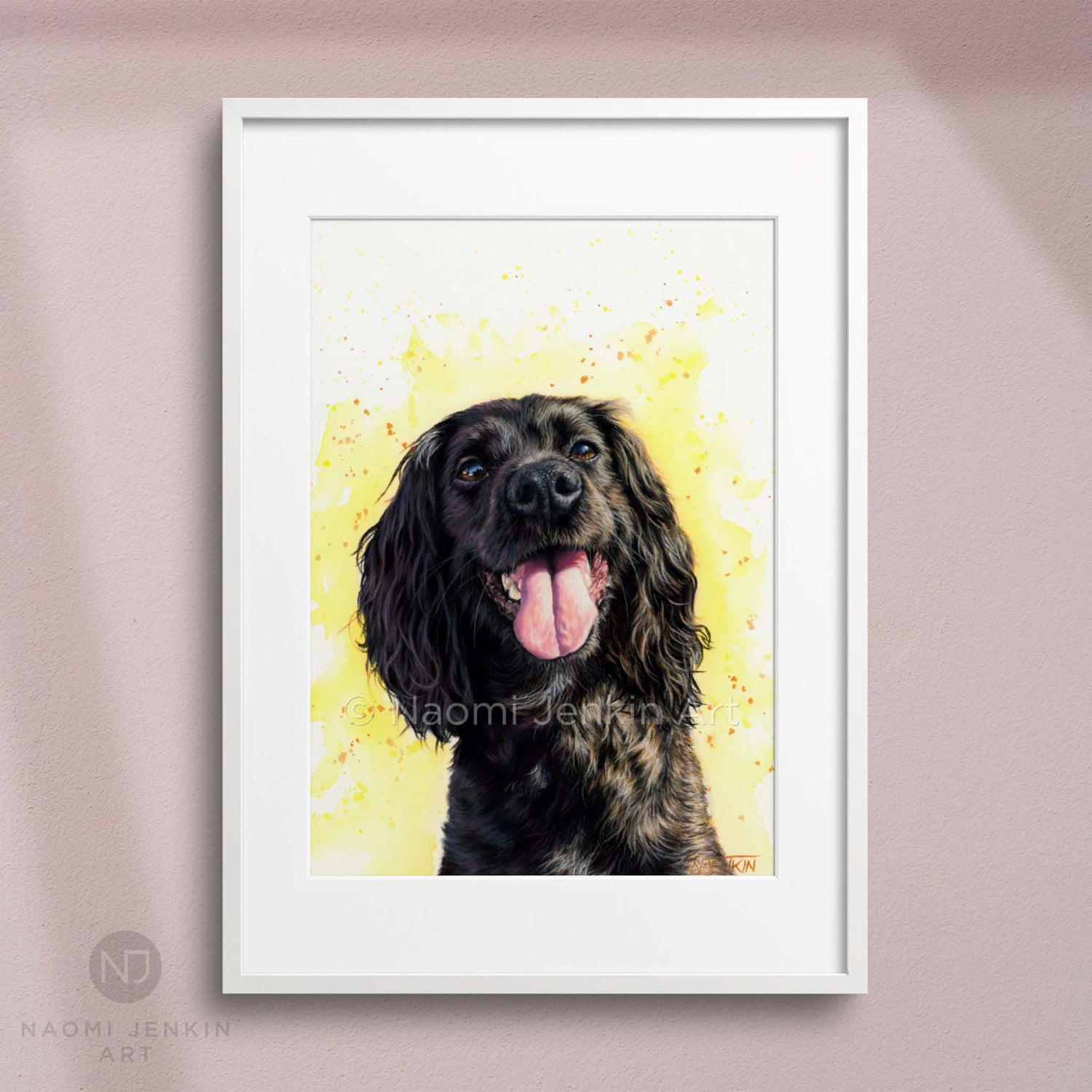 Framed dog art print of a black working Cocker Spaniel from Naomi Jenkin Art. 
