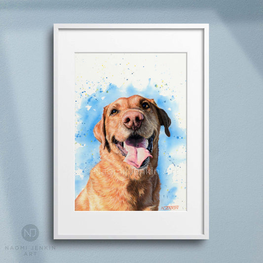 Framed dog art print of a fox red Labrador from Naomi Jenkin Art. 