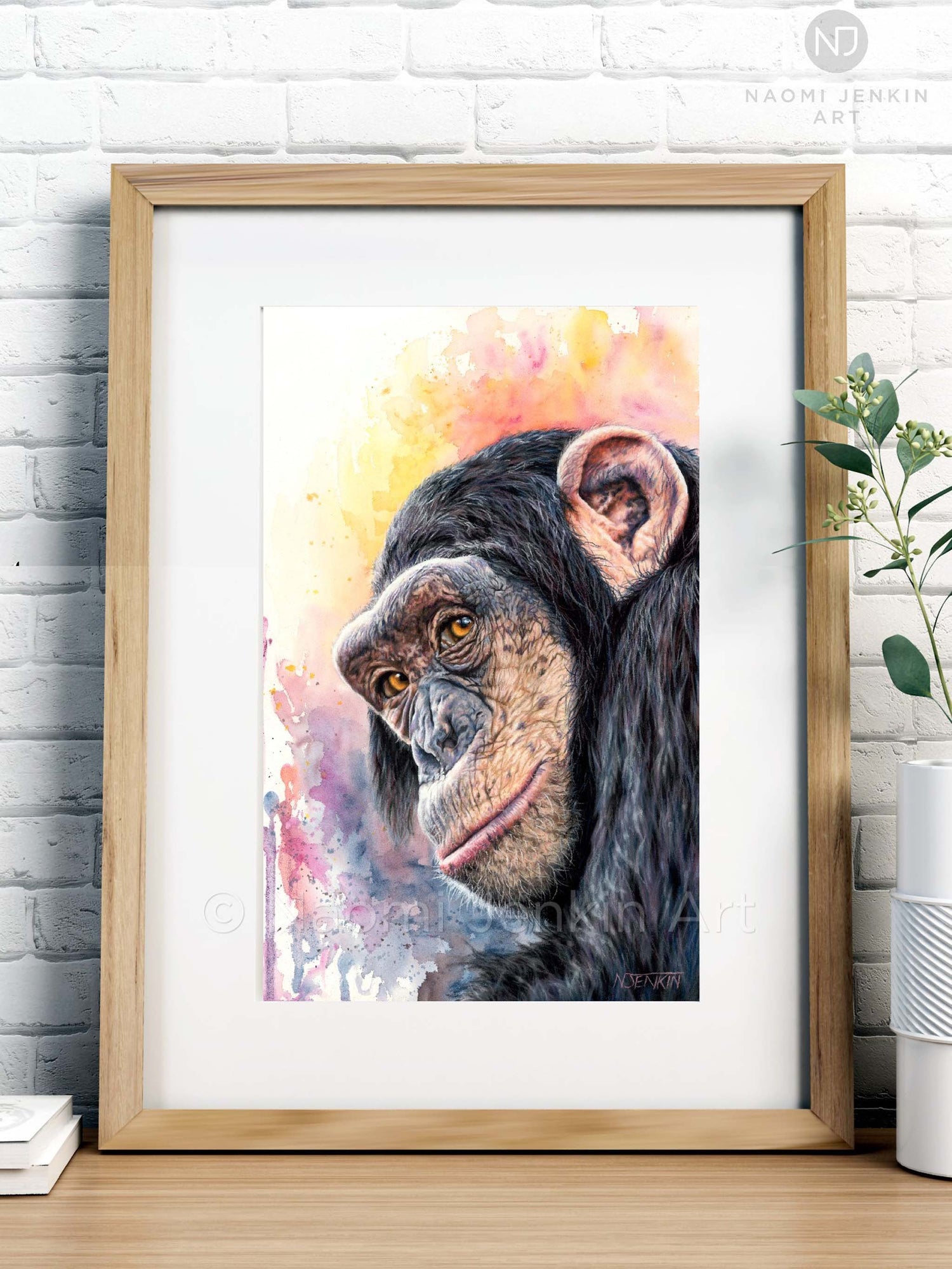Framed chimpanzee drawing 'Kindred Spirit' by wildlife artist Naomi Jenkin. 
