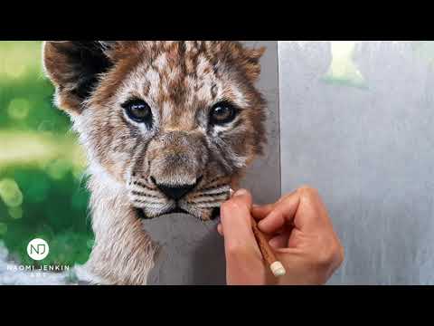 Lion cub painting process by wildlife artist Naomi Jenkin Art