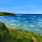 Original oil painting by Naomi Jenkin of Crantock Bay in Cornwall, viewed from the coast path with a sunlit blue sea and red poppy fields.