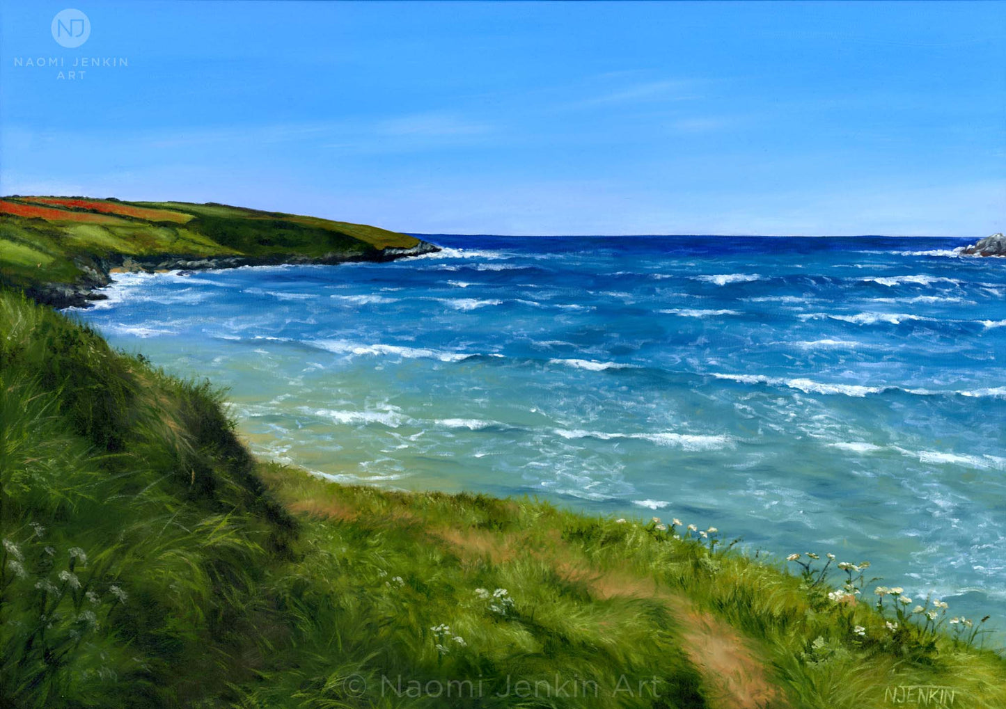 Original oil painting by Naomi Jenkin of Crantock Bay in Cornwall, viewed from the coast path with a sunlit blue sea and red poppy fields.