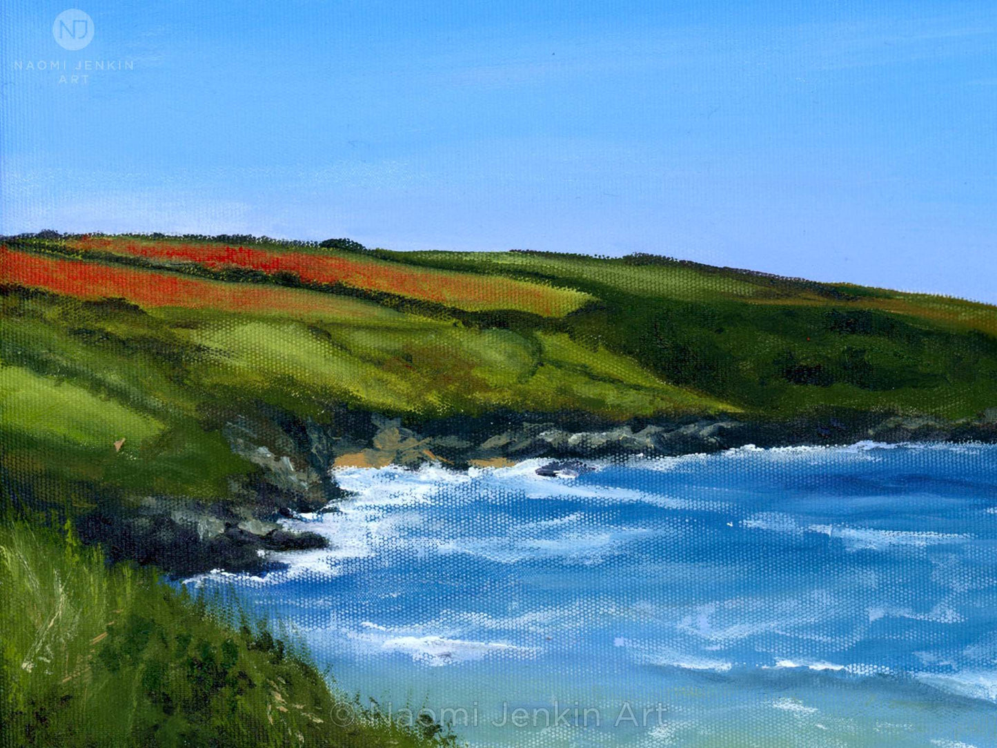 Close up of an original oil painting by Naomi Jenkin of Crantock Bay in Cornwall, viewed from the coast path with a sunlit blue sea and red poppy fields.