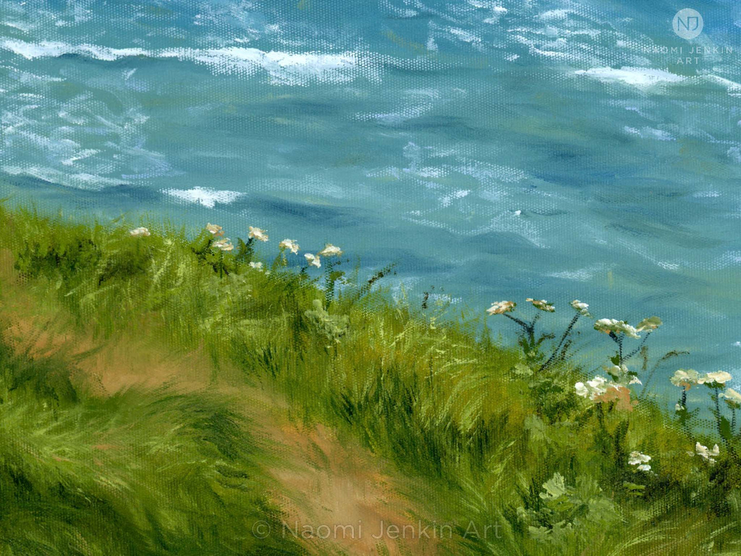 Close up of an original oil painting by Naomi Jenkin of the Cornish coastline. 