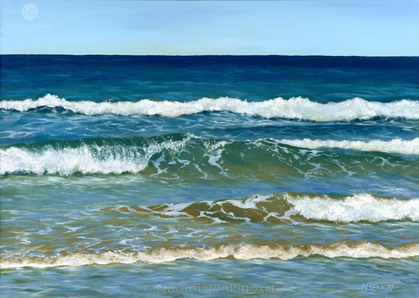 Original seascape oil painting of gentle waves at the shoreline under a bright blue sky by Cornwall artist Naomi Jenkin.