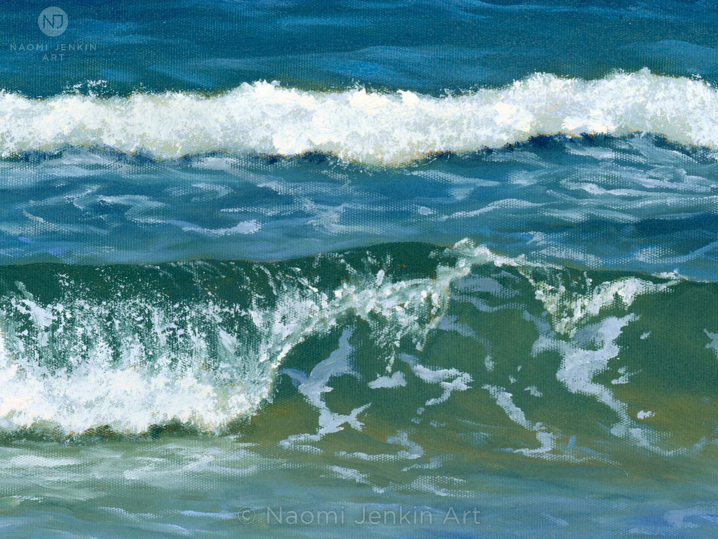 Close up detail of an original seascape oil painting of gentle waves by Cornwall artist Naomi Jenkin.