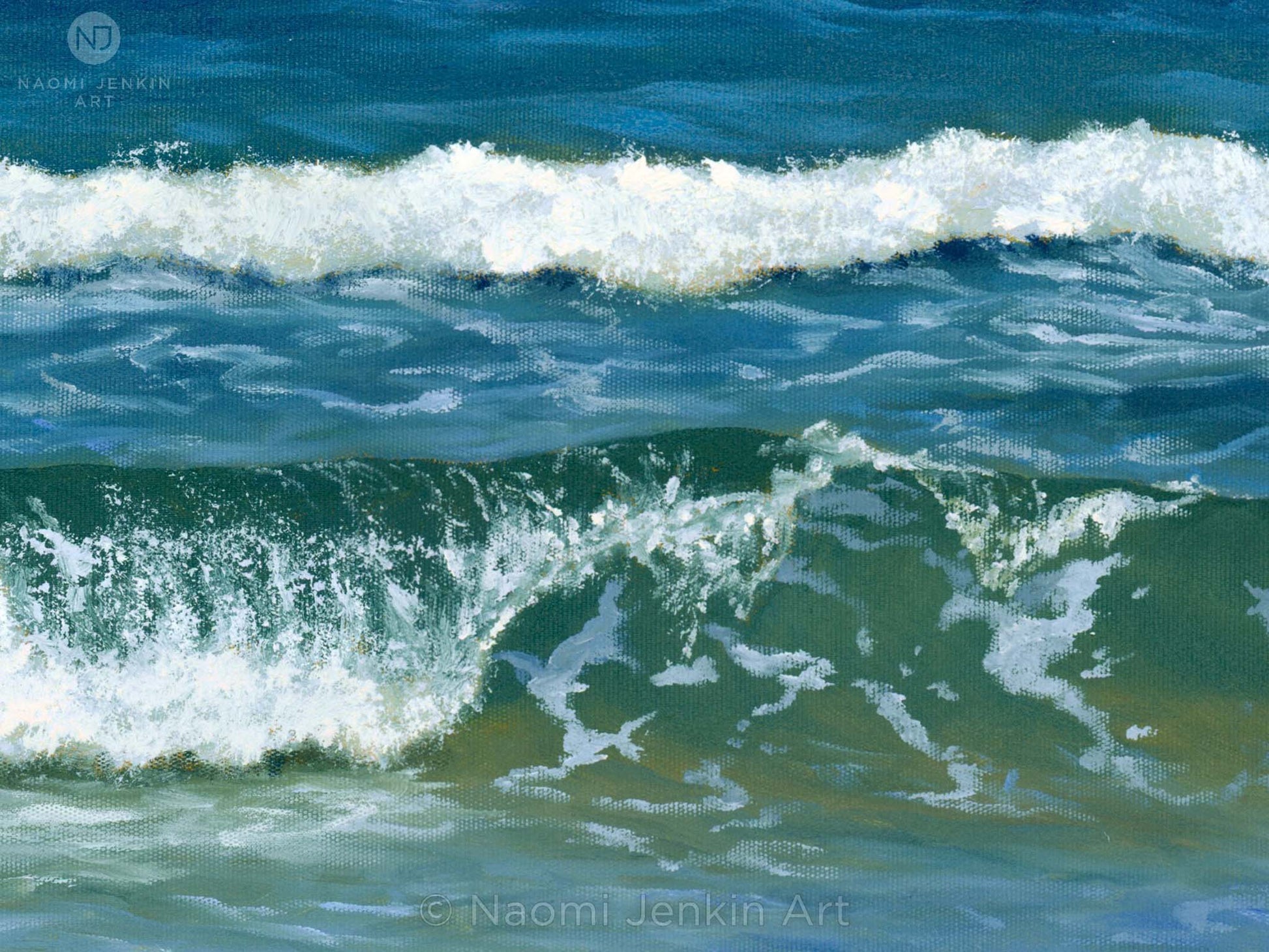 Close up detail of an original seascape oil painting of gentle waves by Cornwall artist Naomi Jenkin.