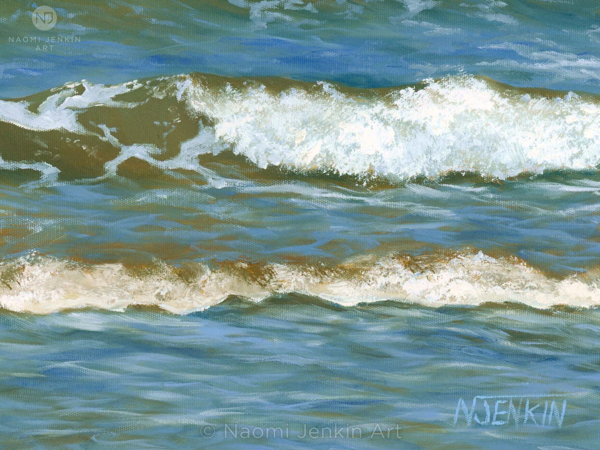 Close up detail of an original seascape oil painting of gentle waves by Cornwall artist Naomi Jenkin.