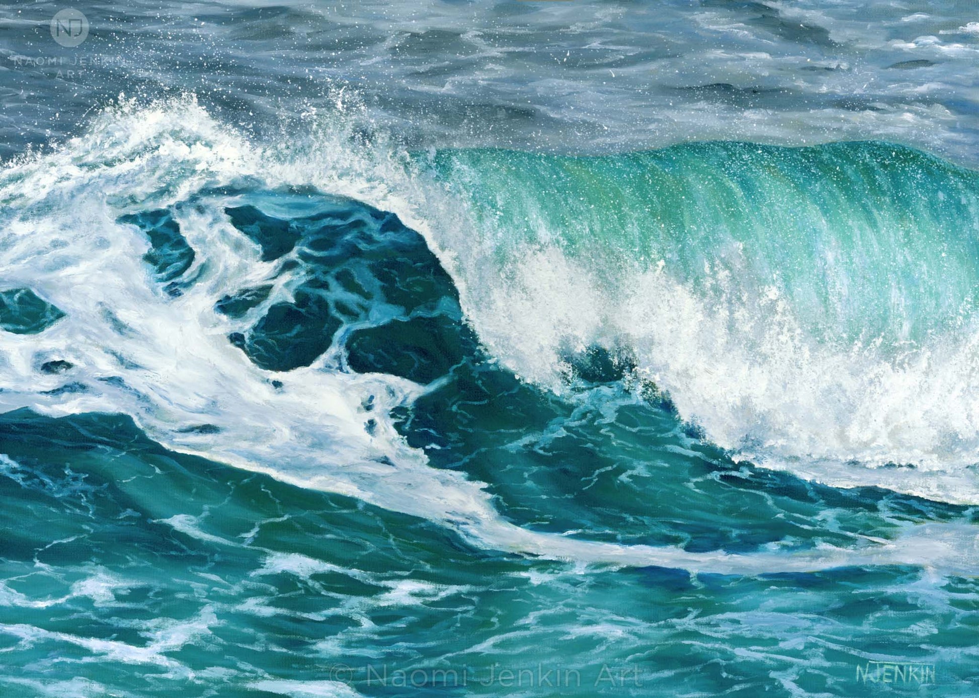 Original seascape oil painting of a turquoise wave breaking into white foam. Cornish coastal surf artwork by Naomi Jenkin.