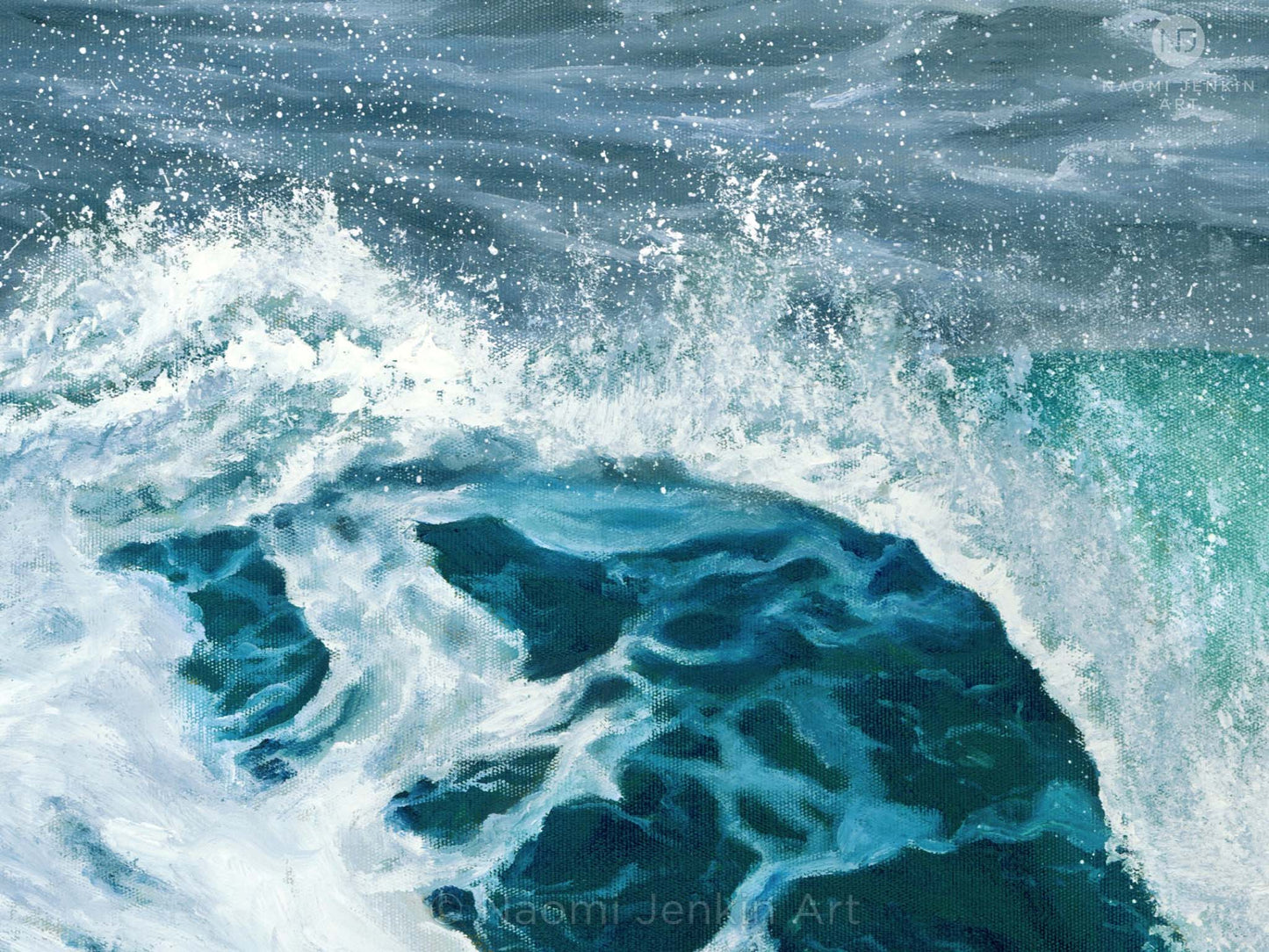 Close up of an original ocean turquoise wave painting by Naomi Jenkin. 