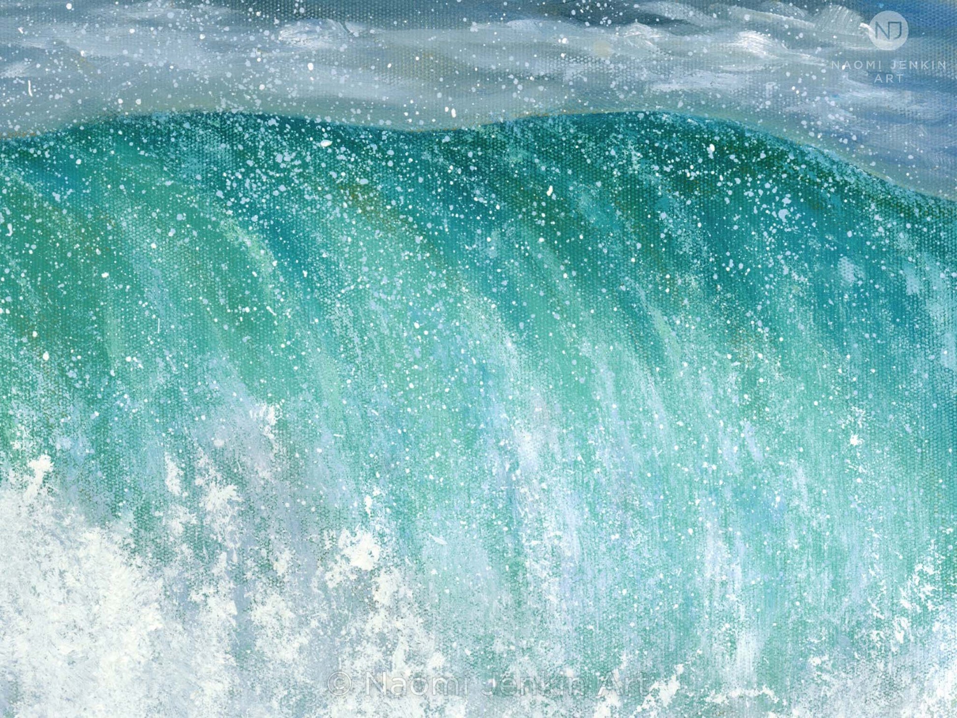 Close up of an original turquoise wave painting by Naomi Jenkin. Capturing the moment a wave breaks into foam. 