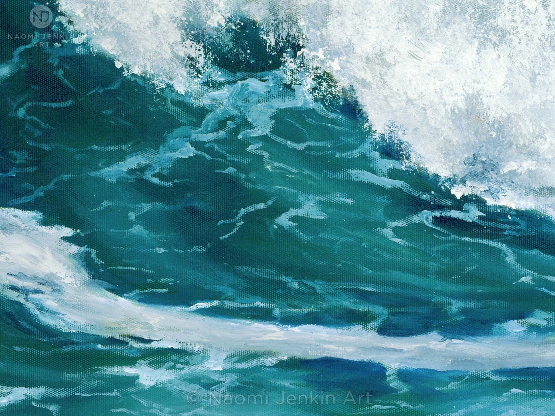 Close up of an original ocean turquoise wave painting by Naomi Jenkin. 