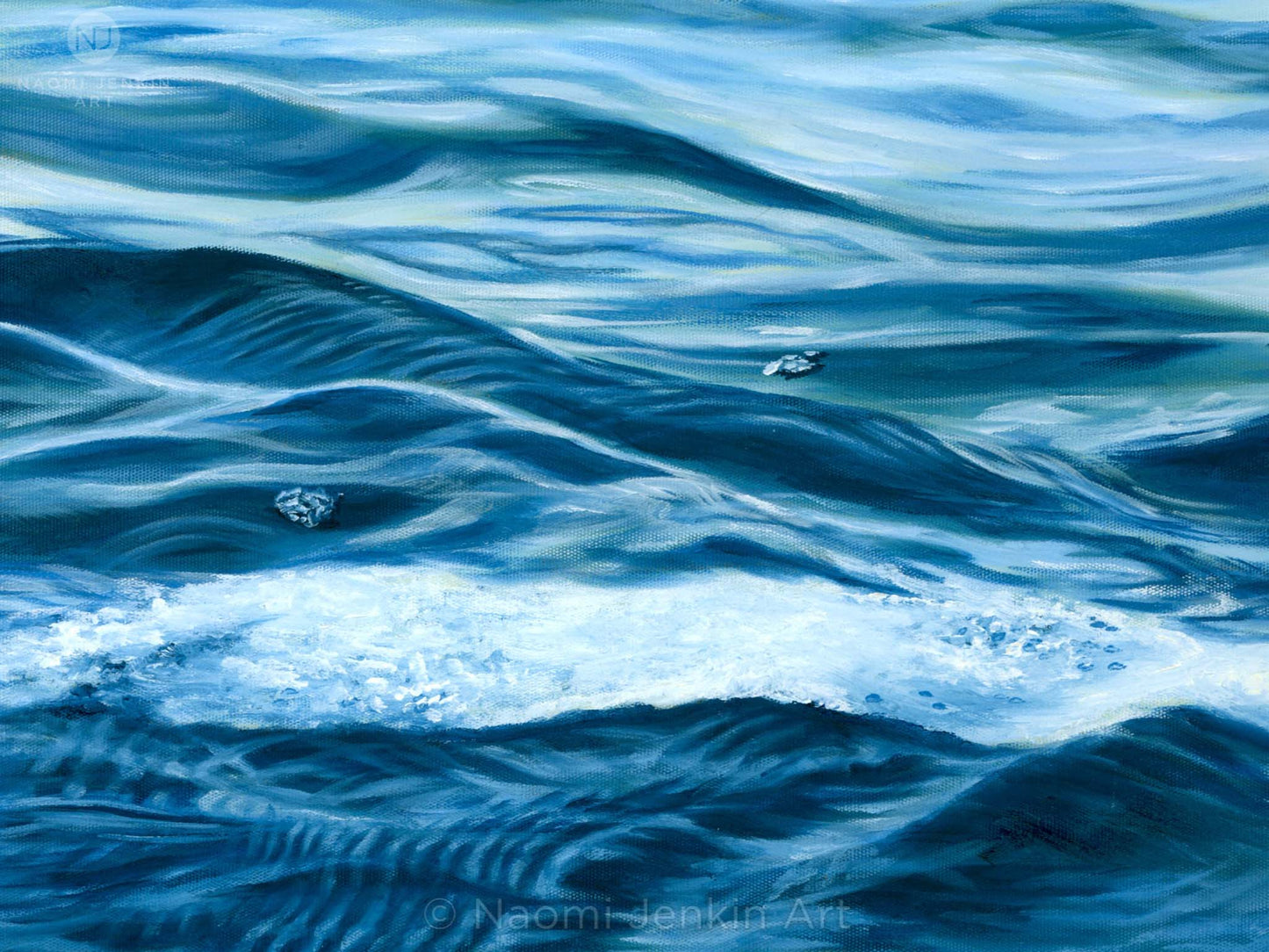 Close up of 'Serenity' - an original seascape painting of calm water reflections by Naomi Jenkin. 
