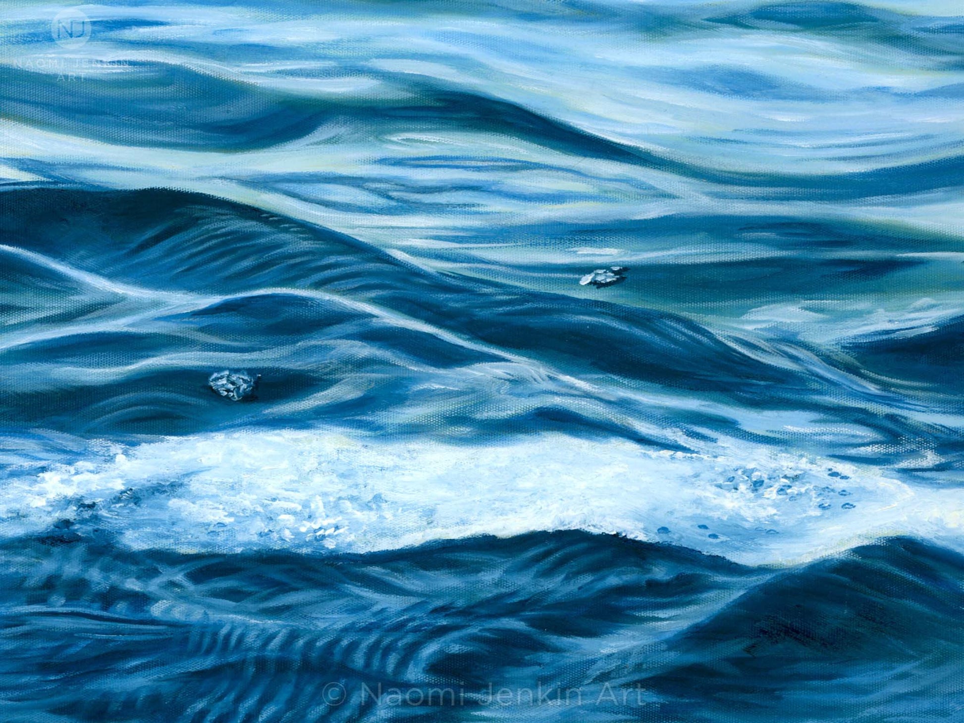 Close up of 'Serenity' - an original seascape painting of calm water reflections by Naomi Jenkin. 