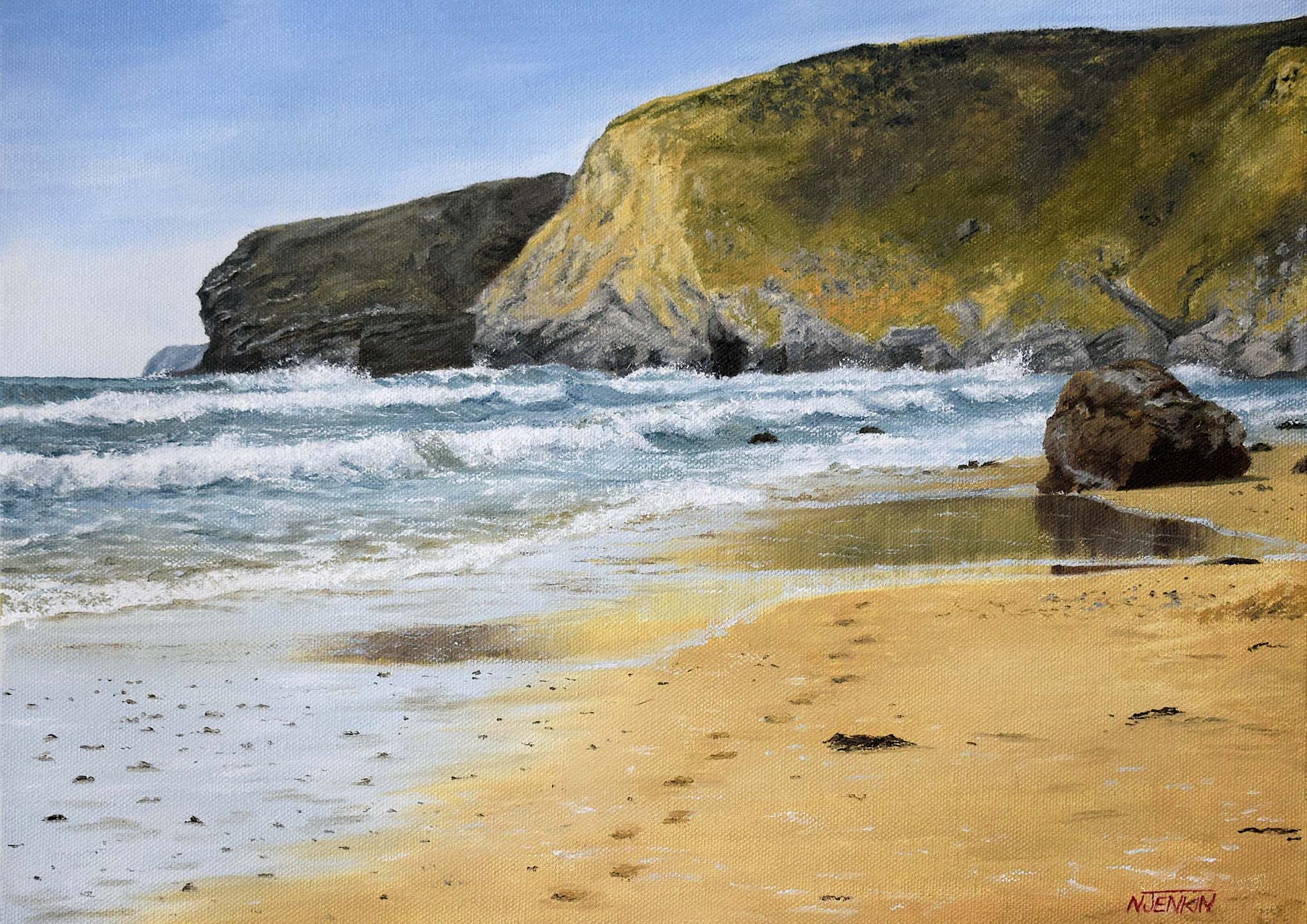 Seascape painting of Watergate Bay by Cornwall artist Naomi Jenkin
