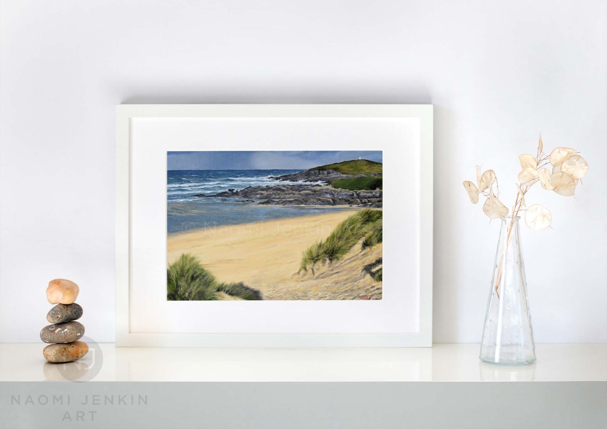 Autumn Showers Fistral' seascape print by Naomi Jenkin in a white frame