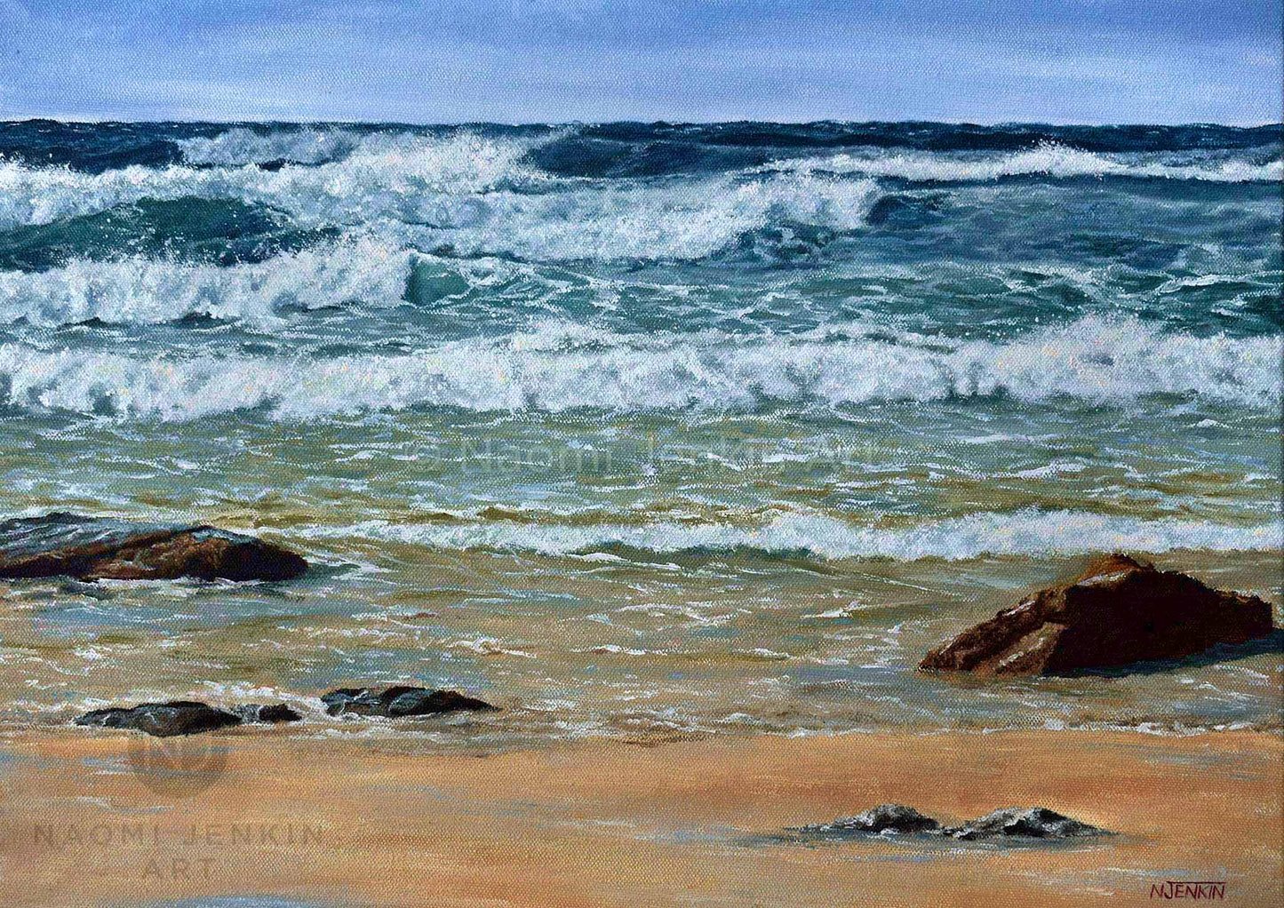 Original oil seascape painting of Watergate Bay in Cornwall by Naomi Jenkin. 