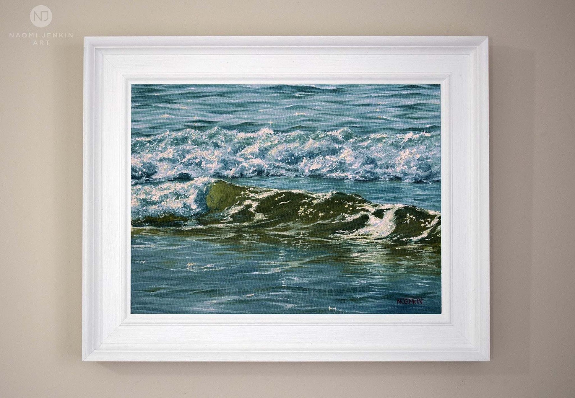 Framed ocean painting by Naomi Jenkin titled "Diamonds and Jade".