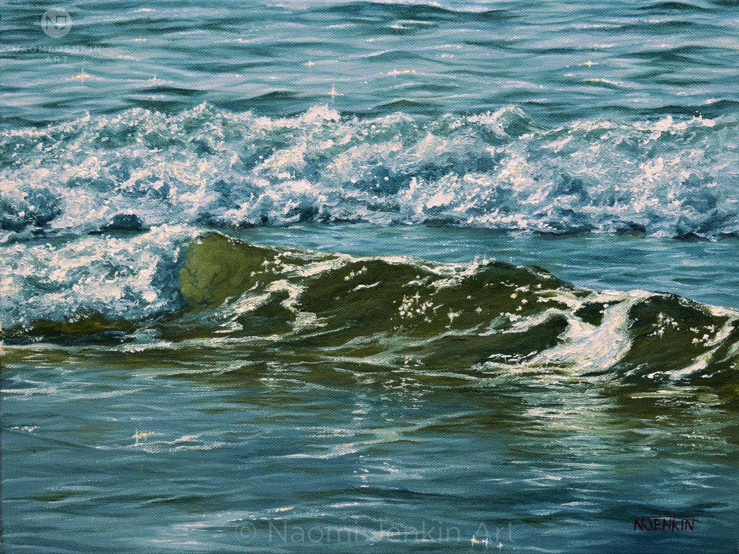 Calming ocean painting by Naomi Jenkin titled "Diamonds and Jade" 