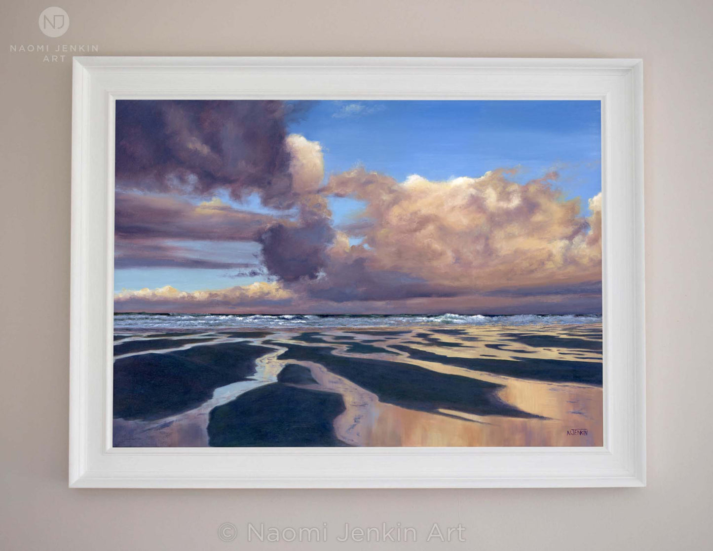 Framed seascape painting 'Early Morning Reflections' by Naomi Jenkin Art