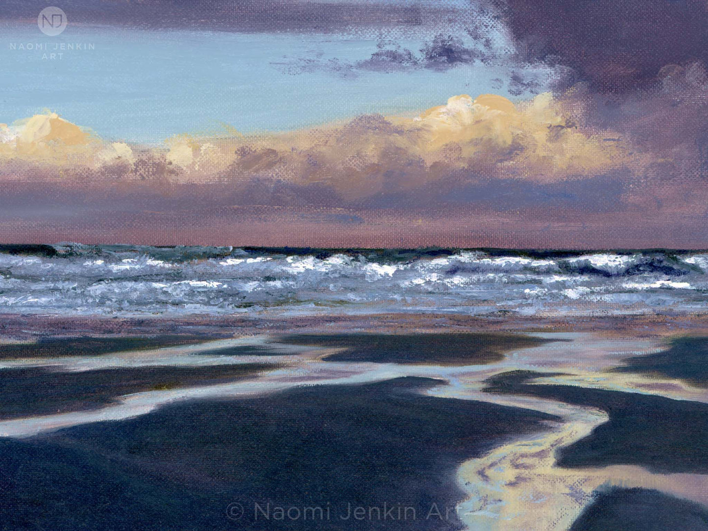 Close up of a seascape painting 'Early Morning Reflections' by Naomi Jenkin Art.