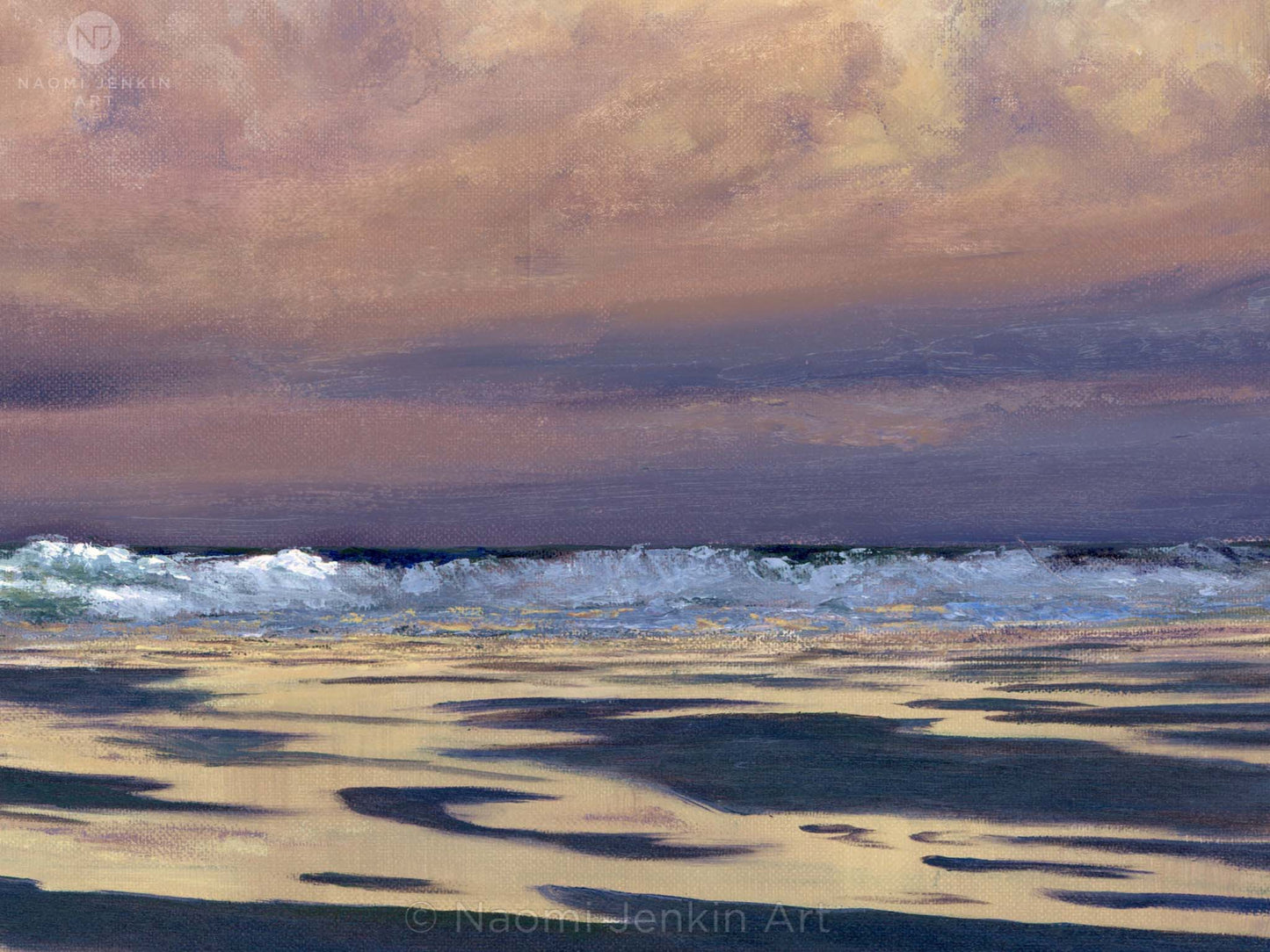 Close up of a seascape painting 'Early Morning Reflections' by Naomi Jenkin Art.