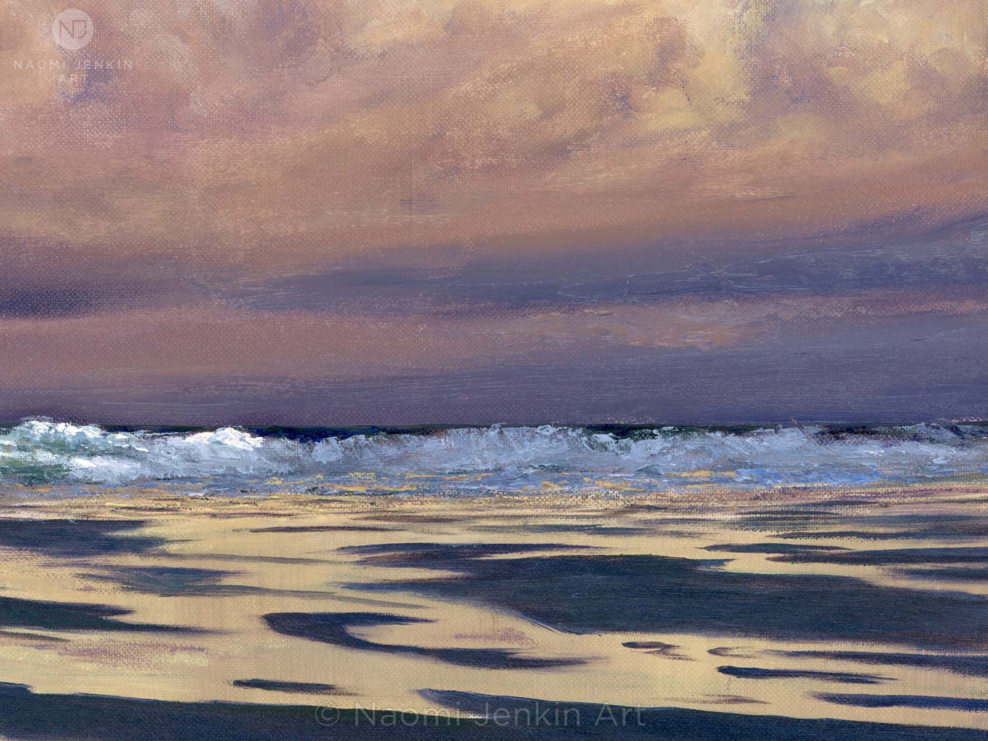 Close up of a seascape painting 'Early Morning Reflections' by Naomi Jenkin Art.