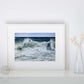 Framed fine art seascape print 'Foamy Surf” on a shelf setting 