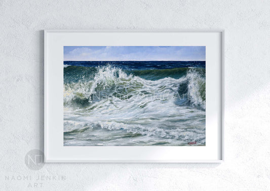 Framed '"Foamy Surf” seascape art print by Naomi Jenkin Art