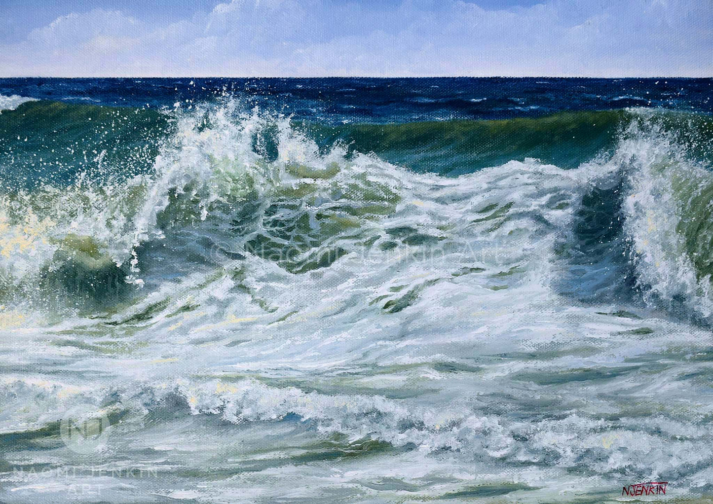 Original painting of a breaking wave titled "Foamy Surf" by seascape artist Naomi Jenkin. 