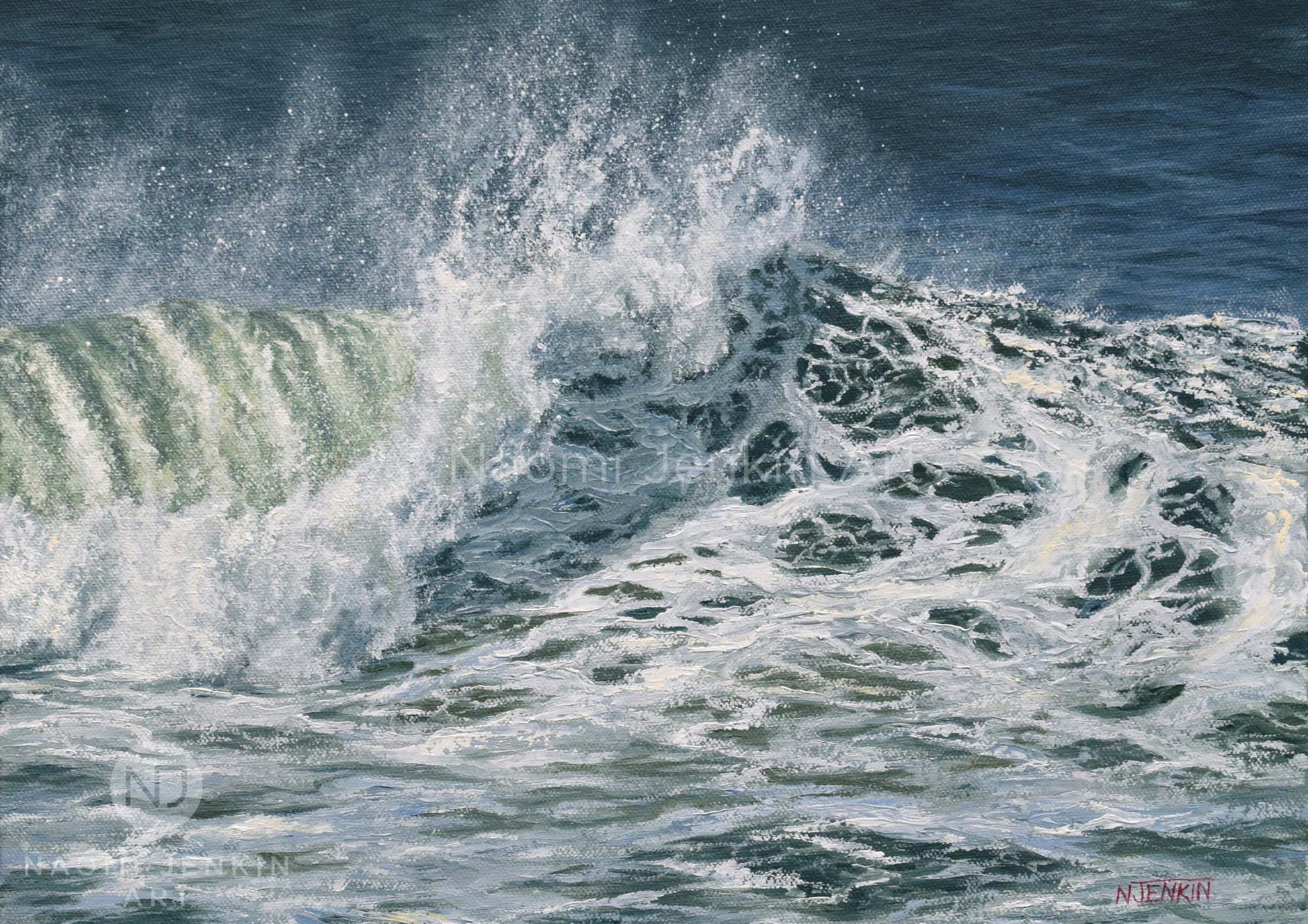 Close up fine art print capturing breaking waves by seascape artist Naomi Jenkin