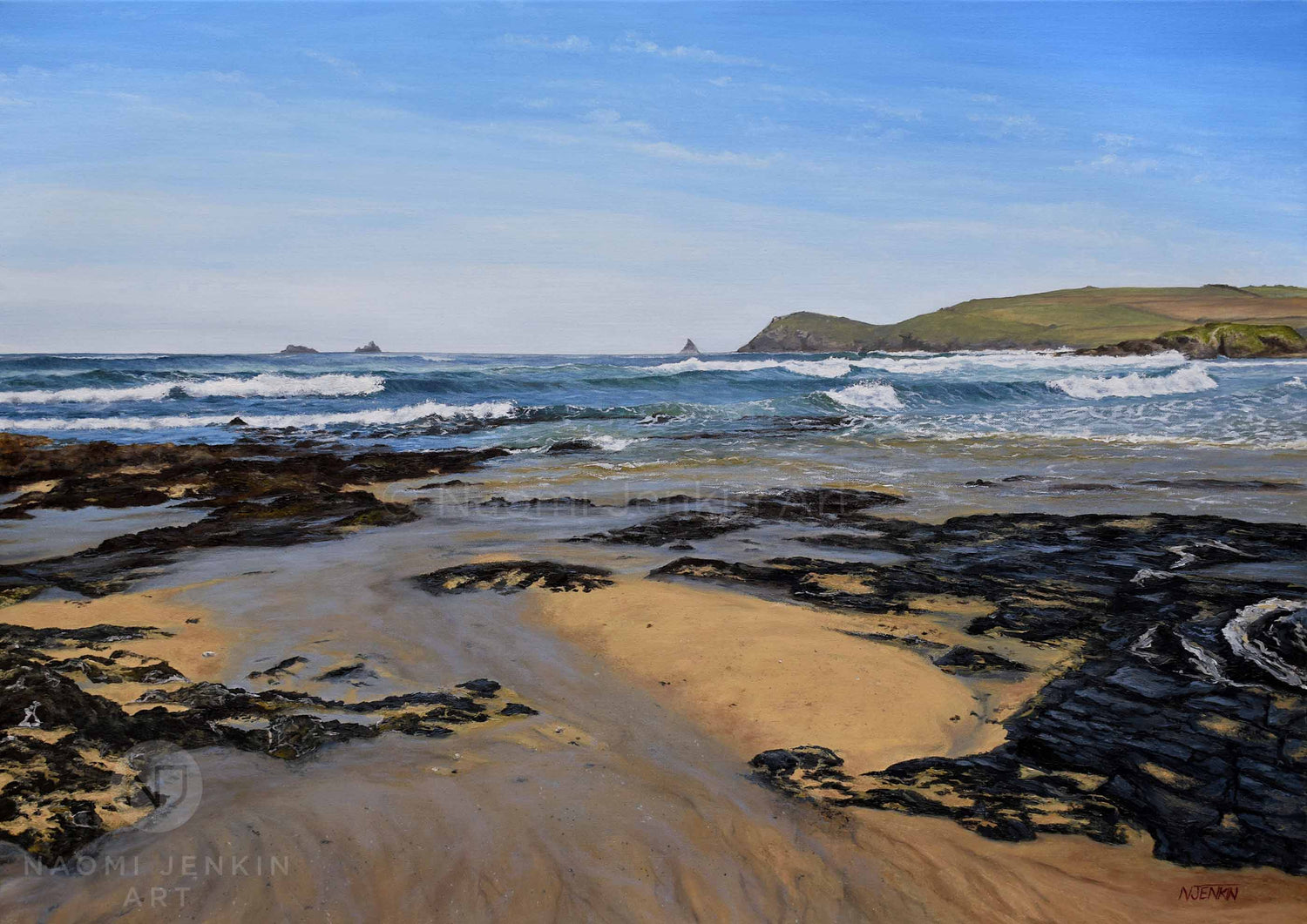 Fine art seascape painting of Constantine Bay by artist Naomi Jenkin Art