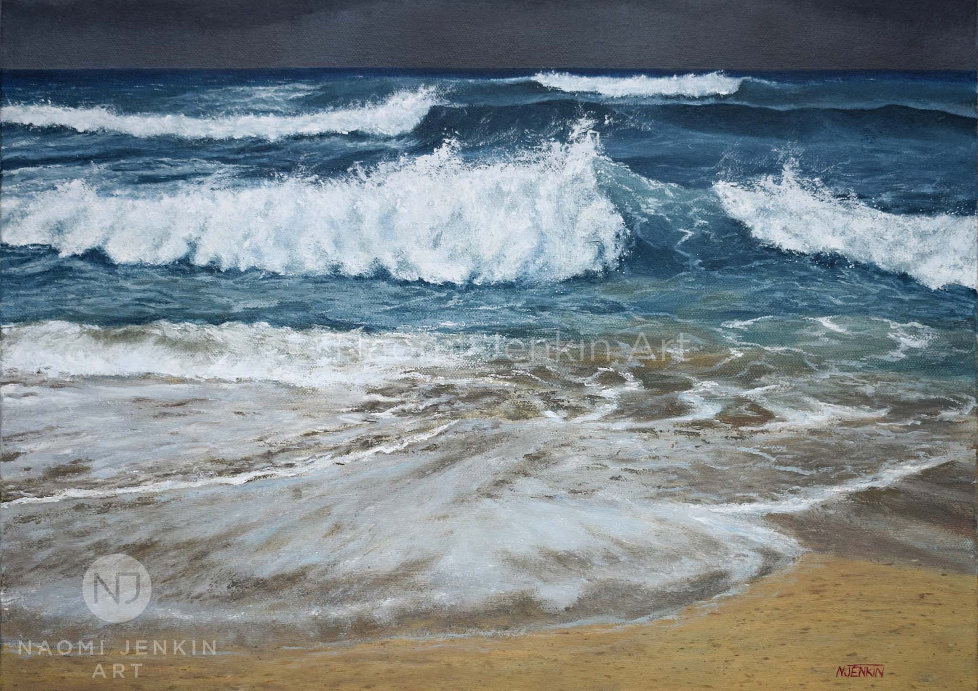 Close up painting of stormy seas at Constantine Bay by seascape artist Naomi Jenkin