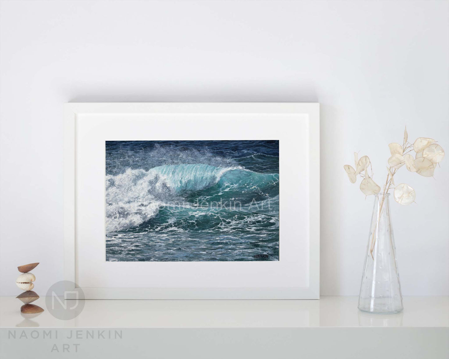 Framed fine art seascape print  'Turquoise Peelers'  on a shelf setting 