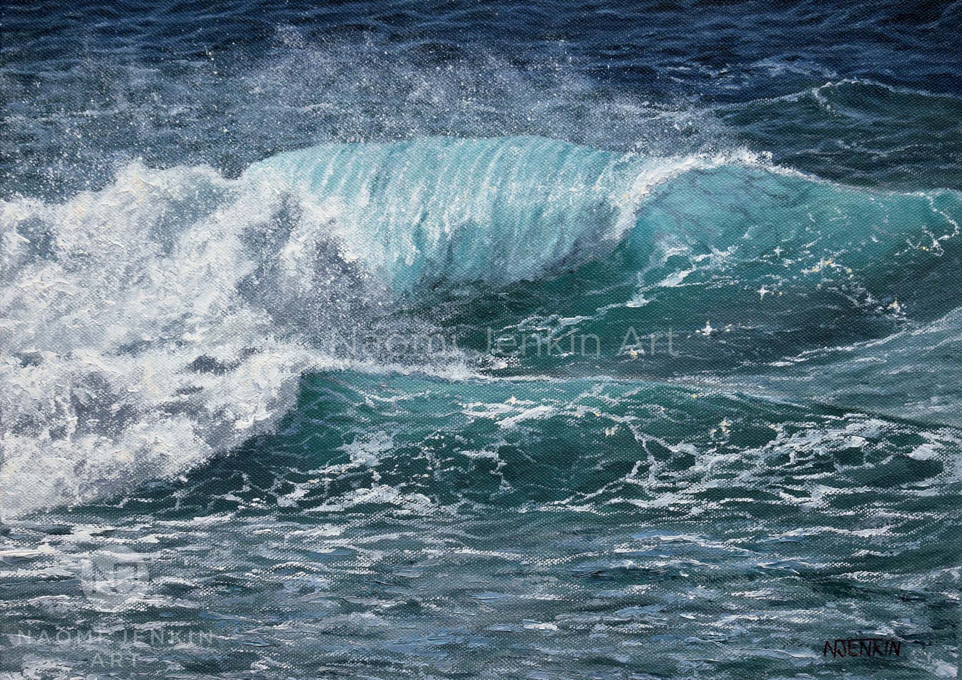 Close up painting of a crashing turquoise wave by seascape artist Naomi Jenkin