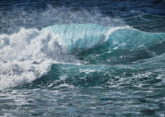 Close up painting of a crashing turquoise wave by seascape artist Naomi Jenkin