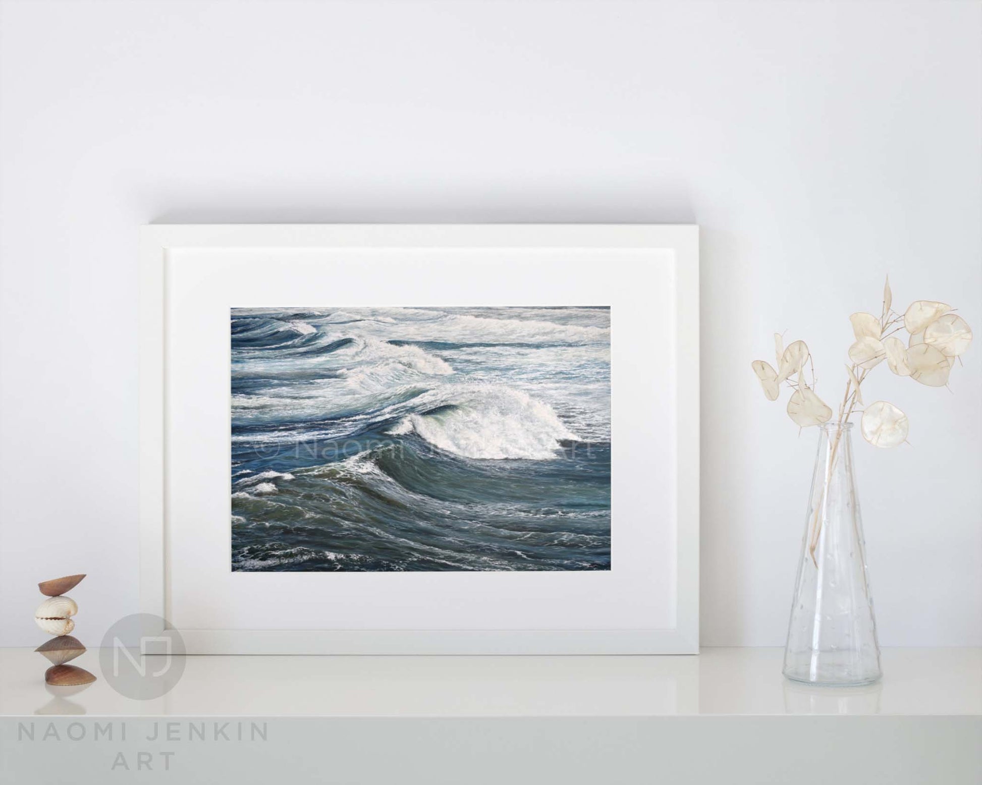 Seascape print 'Wind Swept Rollers' in a white frame