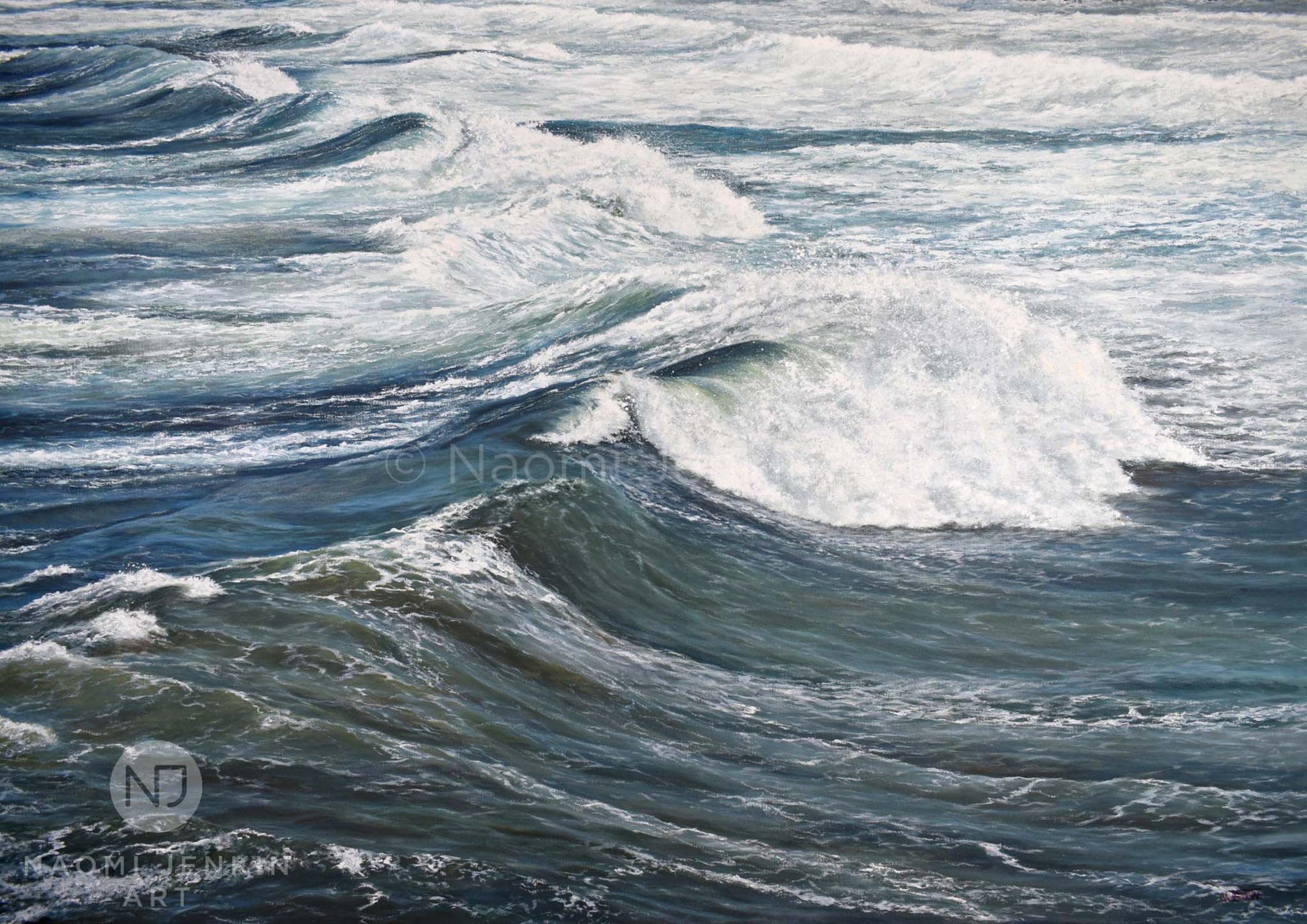 Close up of a seascape painting from the print 'Wind Swept Rollers' by Naomi Jenkin