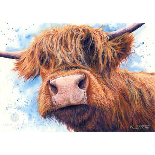 Original contemporary highland cow painting "Bad Hair Day" by Naomi Jenkin Art.