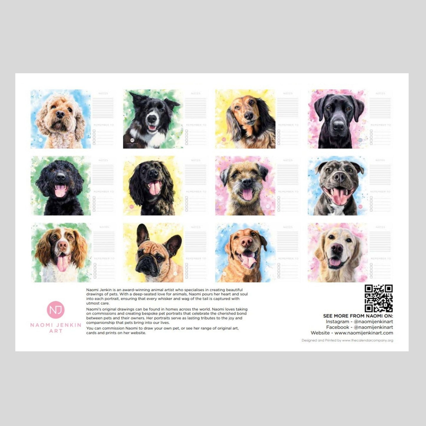 2026 Dog portrait calendar back cover Naomi Jenkin Art