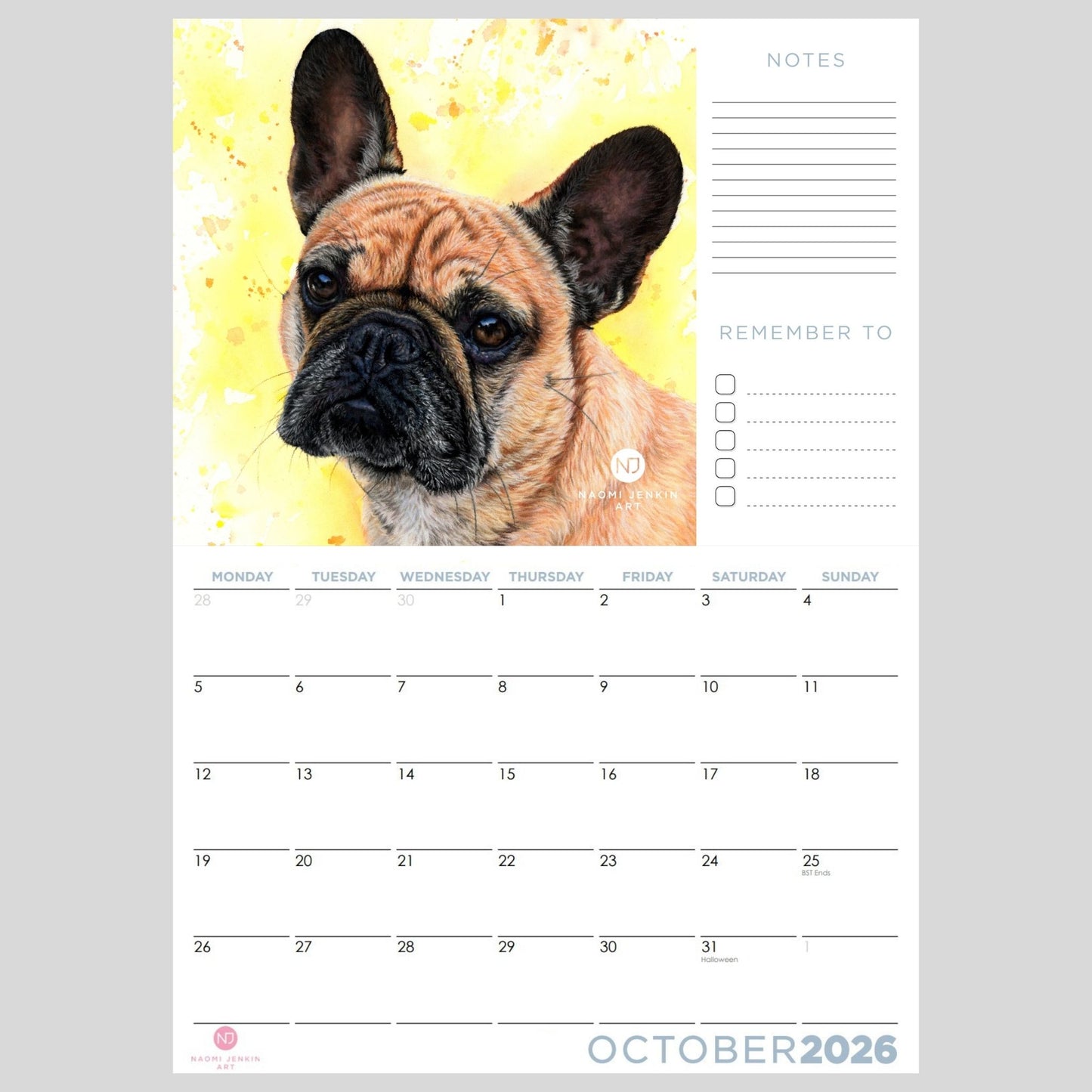 Calendar for October 2026 with a French Bulldog illustration on a yellow background by Naomi Jenkin Art.